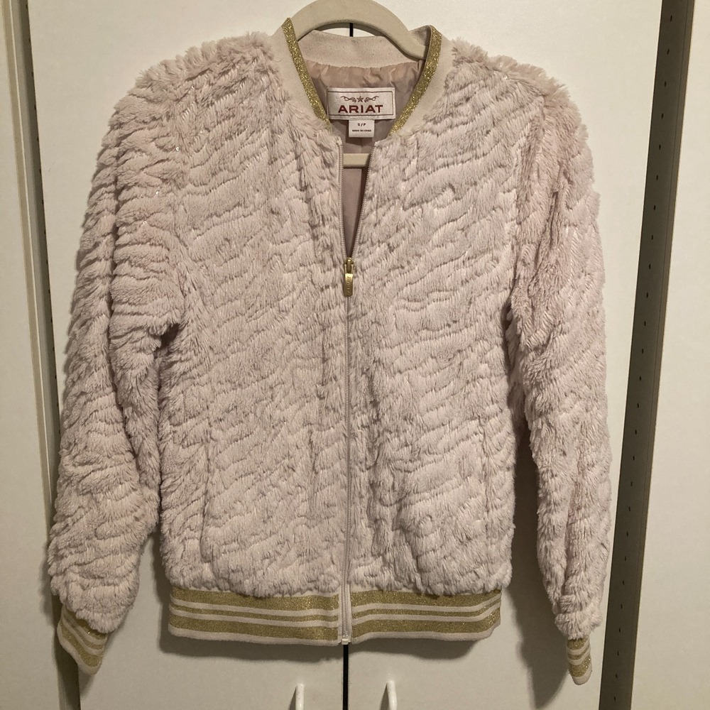 Ariat Jacket Womens Small Cream Bomber Western Zip Up ,Faux Fur ,Sequins